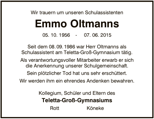 Todesanzeige des TGG für Emmo Oltmanns am 10. Juni 2015