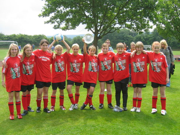 Foto der Fußball-Mädchenmannschaft des TGG (Wettkampfklasse IV – Jahrgänge 1996 bis 1998) nach dem Sieg im Landesfinale 2008