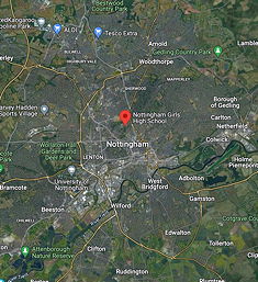 Das Bildschirmfoto zeigt einen Ausschnitt aus Google Maps mit Nottingham und dem Sitz der Schule.