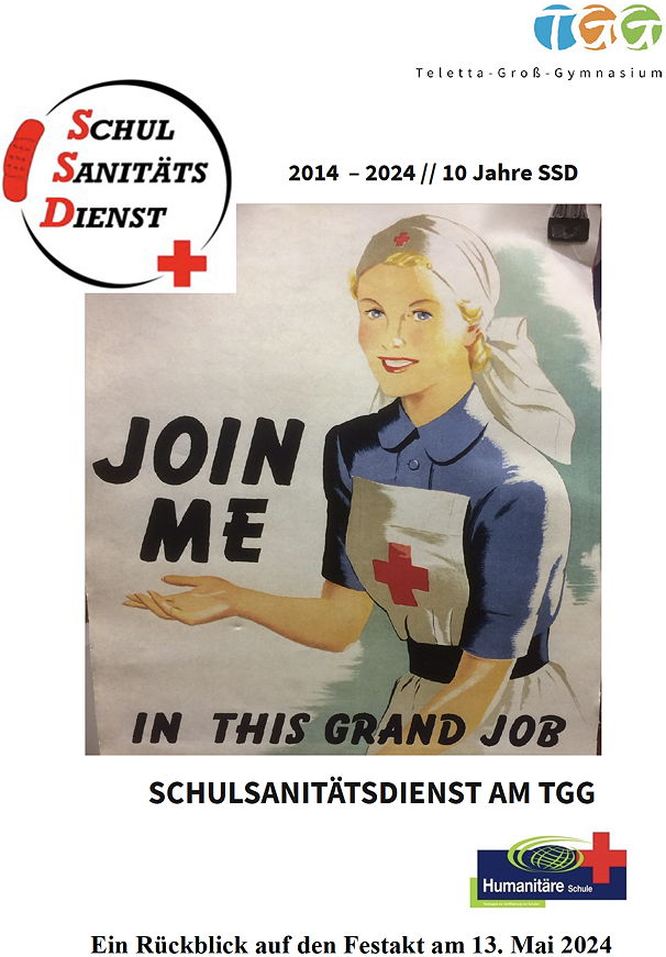 Die Grafik zeigt eine Krankenschwester mit Haube und dem Text 'Join me in this grand job'.